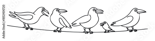 Group of five birds perched on a wire, with one small bird among larger birds, conveying ideas of community, family, or size variation for use in presentations or social media.