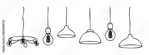 Collection of simplified outline drawings of various hanging light fixtures including chandeliers and pendant lamps with Edison bulbs for home decor and interior design concepts