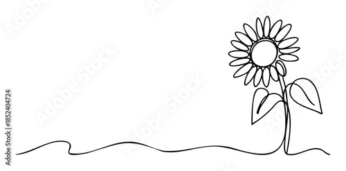 Minimalist line drawing of a single sunflower with leaves and a wavy ground line, perfect for organic branding and summer promotions.