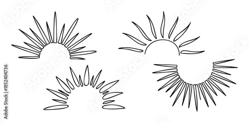 Set of abstract sunburst graphics with radiating lines in varied styles for celestial or energetic visual themes on various media projects.