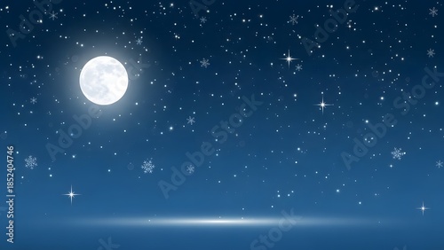 Enchanting winter night sky illuminated by a radiant full moon, casting a gentle glow over a serene landscape adorned with twinkling stars and soft falling snowflakes