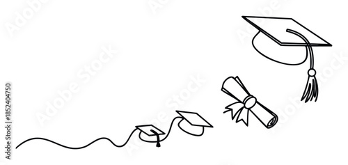 Simple line drawing symbolizing educational achievement progression with graduation caps and diploma, suitable for school or college success themes.