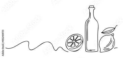 Minimalist line drawing of a bottle with lemons and a leaf, perfect for beverage branding, restaurant menus, or healthy lifestyle themes