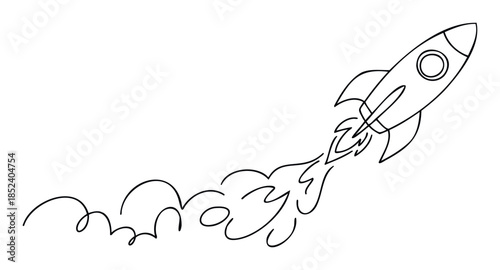 Simple outline drawing of a rocket launching with trailing smoke and flames, perfect for concepts of space exploration, innovation, and new beginnings.