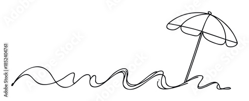 Single line drawing of a beach umbrella casting a shadow over wavy water, perfect for summer vacation and coastal themes.