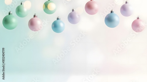 Festive pastel Christmas baubles hanging in soft focus with bokeh lights, a delightful winter holiday decoration