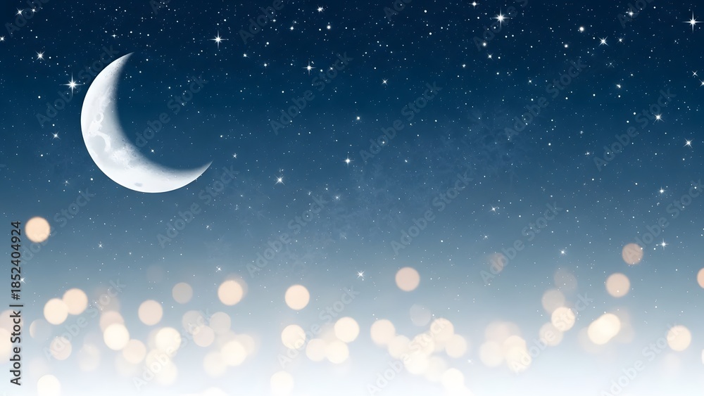 Fototapeta premium A serene and enchanting celestial night sky background, featuring a radiant crescent moon amidst twinkling stars, beautifully illuminated by soft, dreamy bokeh lights