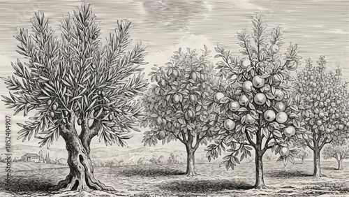 Vintage Illustration of Fruit Trees in Orchard.