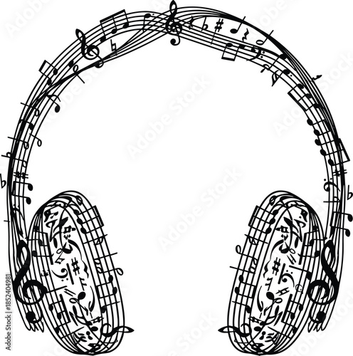 Headphones silhouette formed with musical notes, creative music audio concept illustration isolated on white background for sound entertainment design