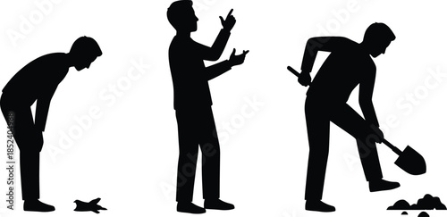 Human actions silhouette set, man bending pointing digging, work problem solution behavior concept, isolated vector illustration design people activity collection