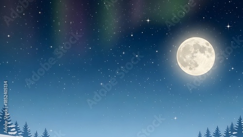 Breathtaking winter night illuminated by a majestic full moon and a vibrant aurora borealis, creating a magical arctic landscape under a sky full of stars