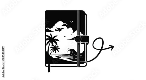 Travel dreams unfold within a notebook, inspiring journeys to tropical shores and skies.