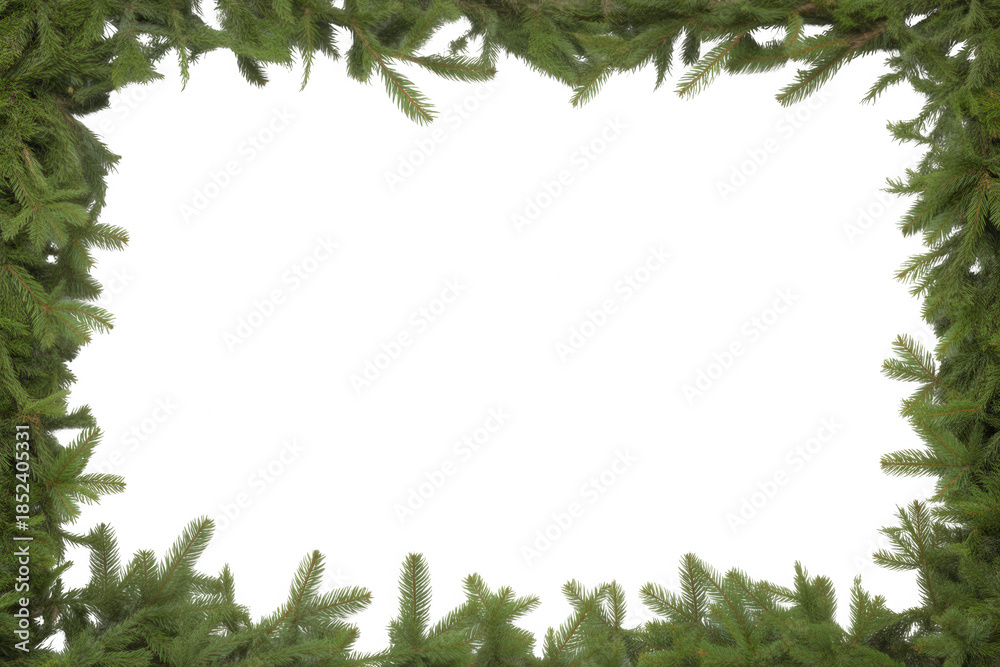 Fototapeta premium Christmas tree branches frame border with empty white space in center for text or photo copy space isolated on transparent background