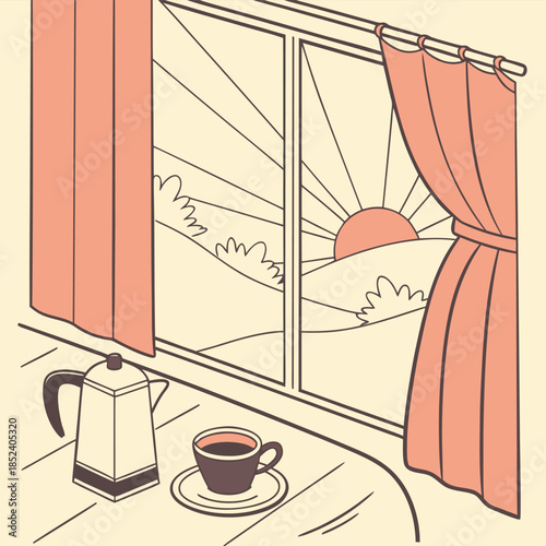 Enjoying a Peaceful Morning Sunrise View with Freshly Brewed Coffee