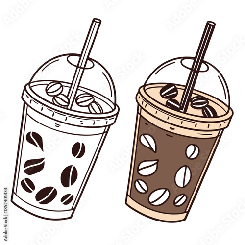 Delicious iced coffee beverages in clear plastic cups with drinking straws