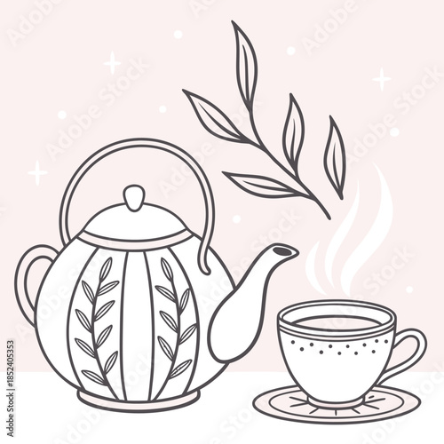 A beautiful line art illustration of a cozy teapot and steaming teacup