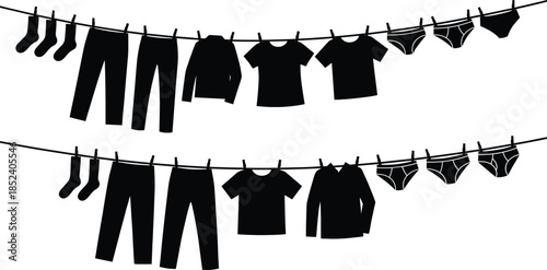 Laundry clothesline silhouette set, drying clothes garments socks shirts pants underwear, household domestic routine everyday life isolated vector illustration