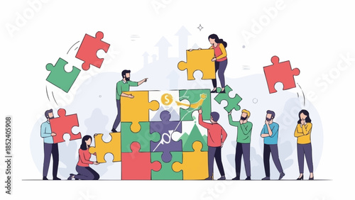 Diverse Team Assembling Jigsaw Puzzle Together.