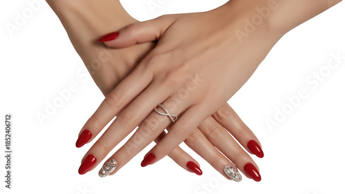 Elegant woman hands with red manicure and diamond ring isolated on transparent background