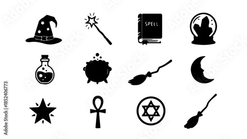 Collection of black silhouetted magical icons on a white background