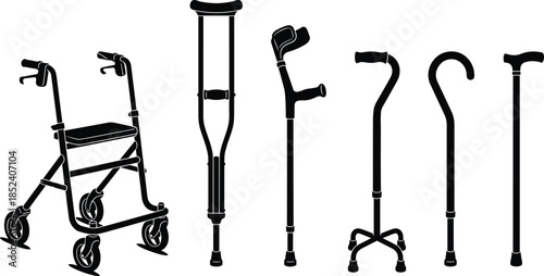 Mobility aid silhouettes collection, walker crutches and walking canes set, medical rehabilitation equipment icons isolated on white background illustration