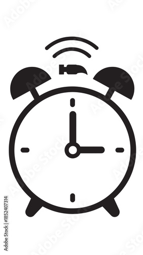 Classic round alarm clock icon with bells and hands in a minimalist vector illustration.