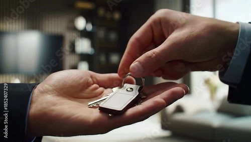 Close up of a real estate agent giving house keys to a client in a modern luxury home for property acquisition concept and financial future