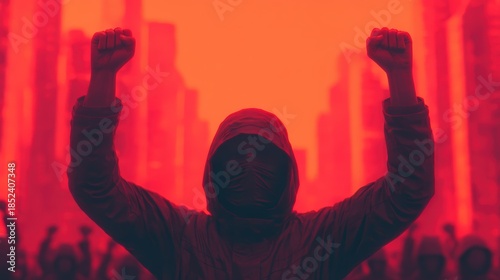A figure raises their fists in a defiant pose against a backdrop of a red-hued, urban setting, symbolizing protest and resistance.
