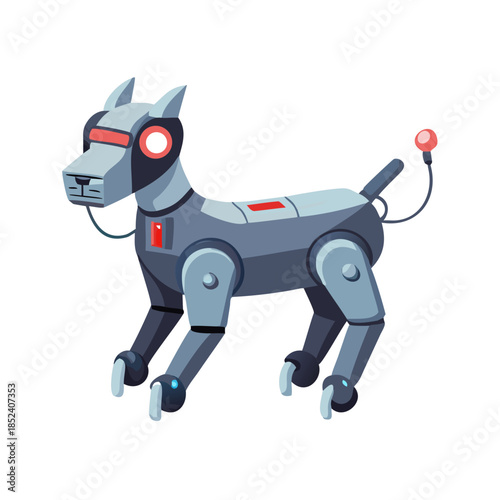 Futuristic robot dog with integrated power socket 2D cartoon object. Quadruped bionic robotic pet. Artificial intelligent machine isolated element flat vector clip art on white. Spot ... See More