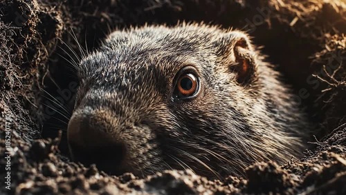 Wild groundhog peeking from its earthy burrow with curious eyes, observing its surroundings for new beginnings concept and natural vigilance