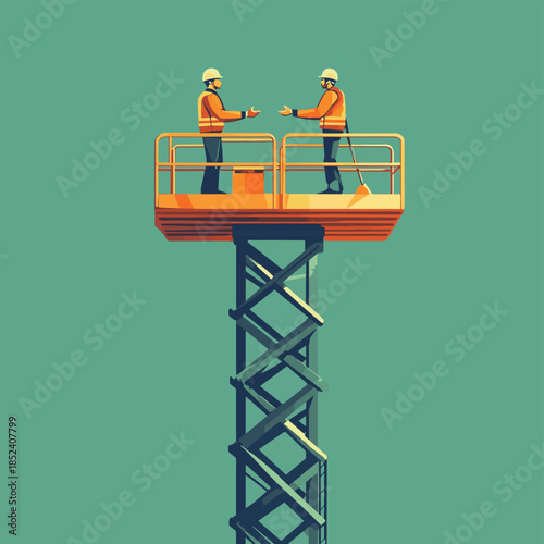 Workers shake hands atop a scissor lift against a green background , vector style simple color