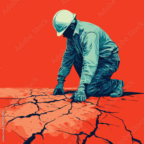 Worker in hardhat repairs a cracked red surface with blue waves , vector style simple color