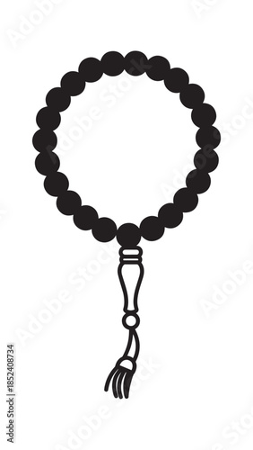 Black Beads Rosary with Tassel Pendant Arranged in Circular Pattern.