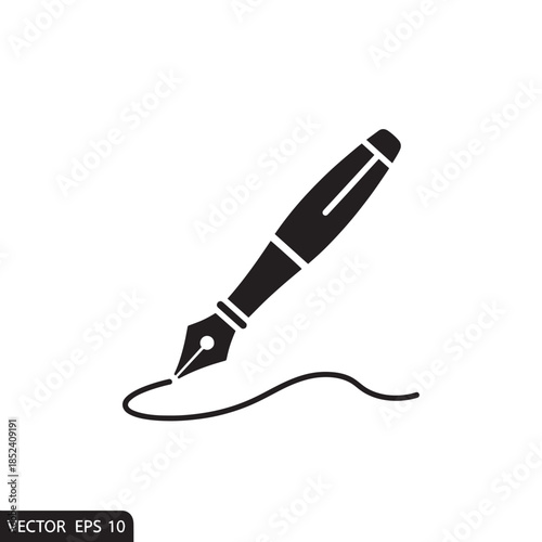 Minimalist fountain pen illustration drawing a curling line on white background.