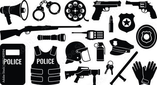 Police law enforcement equipment silhouettes set, firearms protective gear communication tools badges accessories isolated on white background vector illustration collection