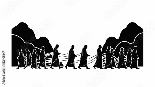 Group of People Walking in Line Illustration.