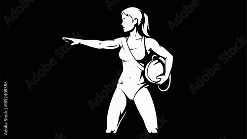 Woman in swimsuit holding lifebuoy and pointing.