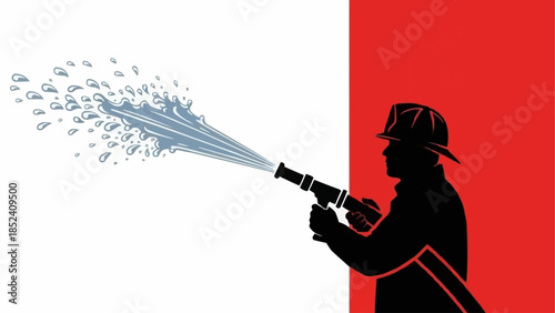 Firefighter Silhouette Spraying Water from Hose.