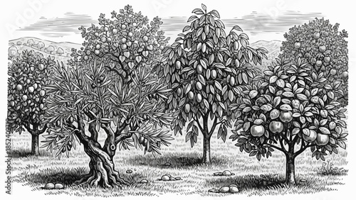 Orchard with Fruit Trees and Apples.
