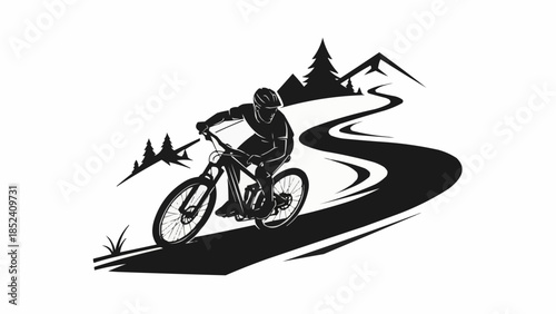 Mountain Biker Riding Downhill on Winding Trail.