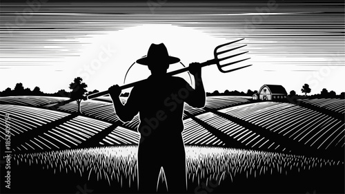 Farmer Standing in Field with Pitchfork.