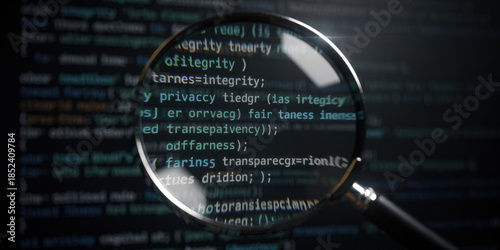 Magnifying glass reviewing software code for ai ethics and regulation. serious inspection of an algorithm highlights privacy security integrity and digital transparency
