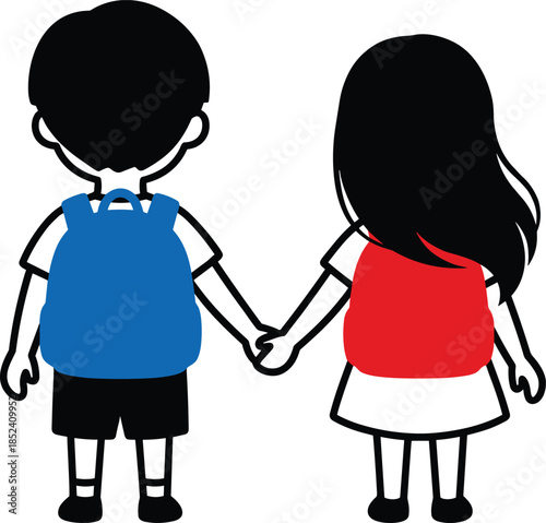 School children cartoon silhouette holding hands with backpacks, cute boy and girl friendship illustration isolated on white background vector design