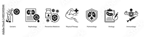 Preventive and Specialized Care web banner illustration featuring Geriatric, Nephrology, Preventive Medicine, Physical Therapy, Pulmonology, Virology, and Immunology.