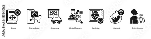 Modern Medical Practice web banner illustration featuring Ethics, Telemedicine, Optometry, Clinical Research, Cardiology, Obstetric, and Endocrinology.