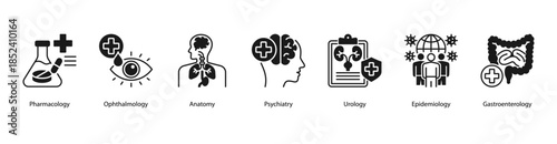 Medical Disciplines web banner illustration featuring Pharmacology, Ophthalmology, Anatomy, Psychiatry, Urology, Epidemiology, and Gastroenterology.