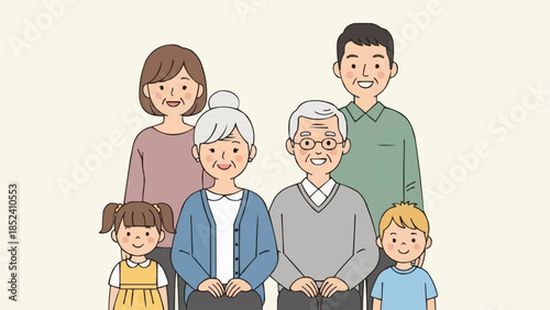 Cartoon Family Portrait with Grandparents and Children.