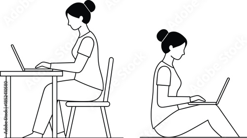 Minimalist black and white vector illustration of women working on laptops at a desk and sitting on the floor for remote work concepts.