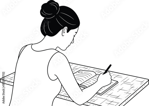 Hand drawn black and white vector illustration of a young woman with a hair bun writing in a notebook at a desk.