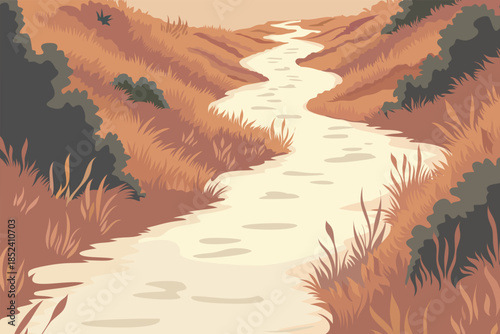 Winding country path through autumn grass and bushes, warm flat vector landscape illustration of rural nature trail, evening walk and tranquil countryside background.